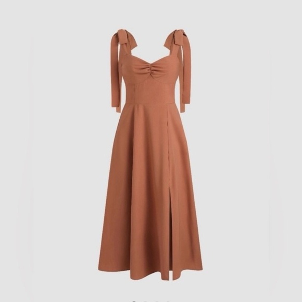 Cider Women Corset Midi Dress XS Brown Tie Shoulder Ruched Sweetheart‎ Feminine